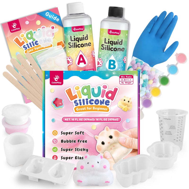 ColoPlay Taba Squishy Kit - 32OZ Bigger Rubber Squishy Kit with Guided, 44 PCS Bubble Free and Faster Fully Cures - FuFu Squishy Kit with Mold, Flocking Powder - Stress Relief Entertainment - Image 1