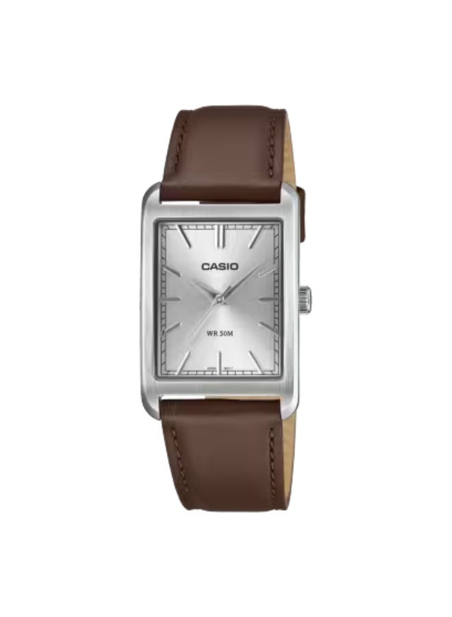 Casio MTP-B215L-7AVDF Men's Elegant Slim Analog Watch – Silver Dial, Brown Leather Strap, 3-Hand Quartz Movement, 50M Water Resistant, Mineral Crystal, Dress Watch