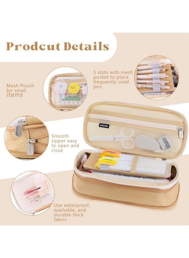 ANGOO Pencil Case, Large Capacity Pen Bag, Colored Pencil Bag with Zipper, Student School Supplies, Suitable for the Beginning of School Season, Beginning of School Gifts, Khaki - Image 4