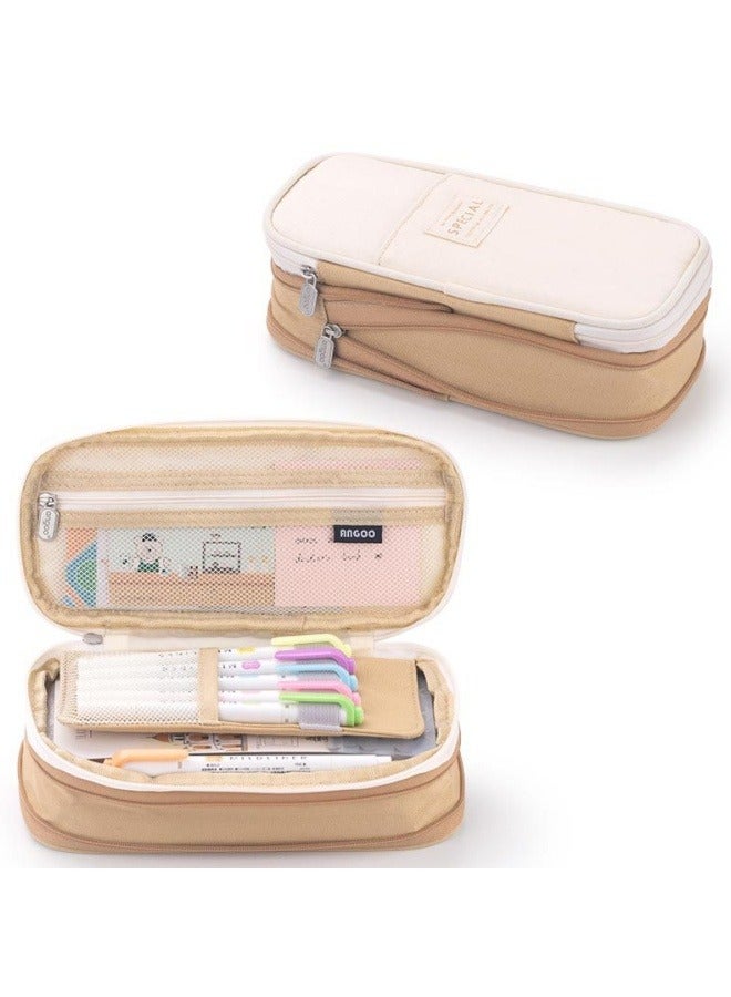 ANGOO Pencil Case, Large Capacity Pen Bag, Colored Pencil Bag with Zipper, Student School Supplies, Suitable for the Beginning of School Season, Beginning of School Gifts, Khaki - Image 1