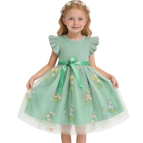 Noubeau Toddler Girl Summer Dress Tulle Ruffle Sleeveless Baby Girl Fashion Casual Spring Dresses 1-5Y(Green,1 Year) - Image 1