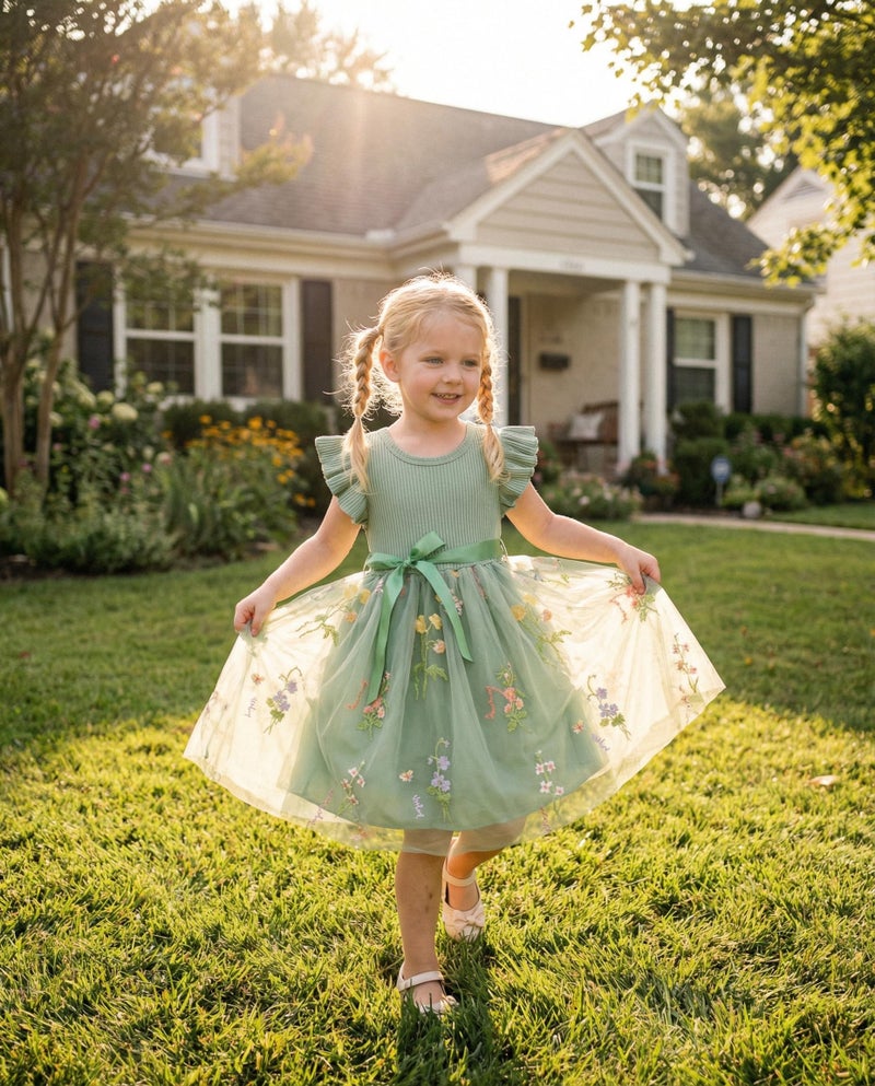Noubeau Toddler Girl Summer Dress Tulle Ruffle Sleeveless Baby Girl Fashion Casual Spring Dresses 1-5Y(Green,1 Year) - Image 3