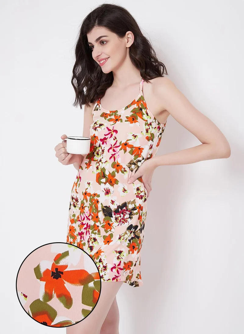 Clovia Clovia Floral Print Short Night Dress in Multicolour- Crepe With Matching NS1329P19