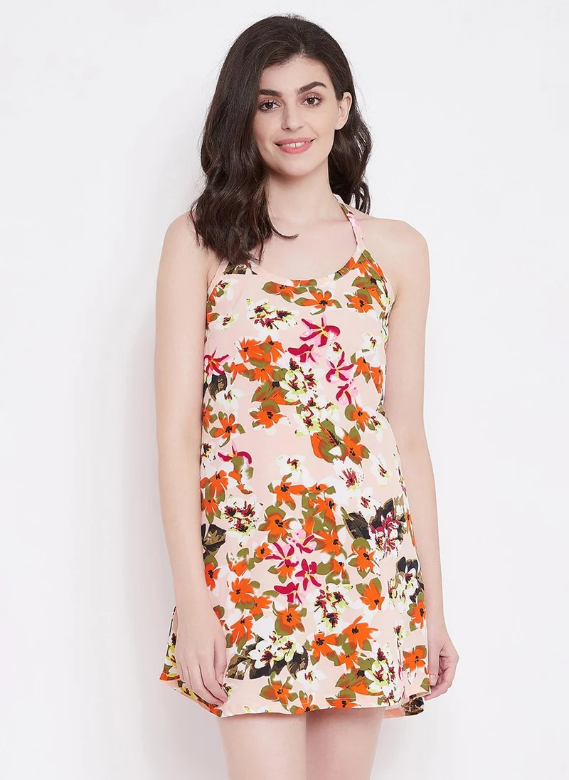Clovia Clovia Floral Print Short Night Dress in Multicolour- Crepe With Matching NS1329P19