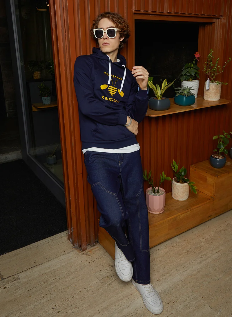 Campus Sutra Men's Navy Blue Buzz Off Pullover Hoodie