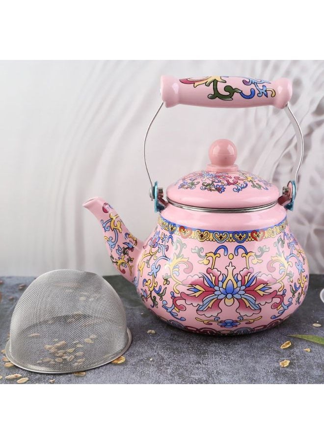 Thickened Large Capacity Enamel Flower Enamel Kettle Milk Teapot Flat Bottom Pot Induction Cooker Universal Teapot Cooling Kettle HC-Color:2.5l Red Hook Lotus (with Filter)-Capacity:Default