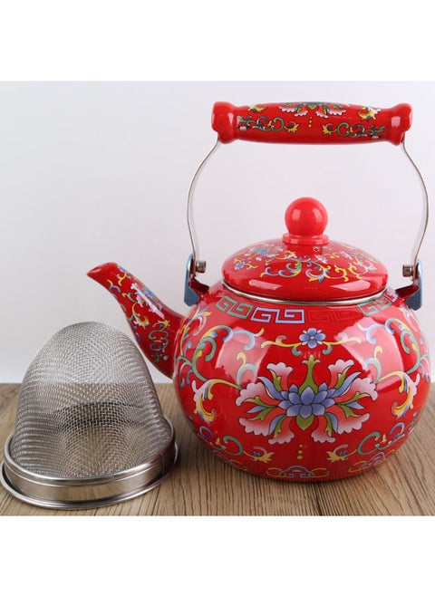 Thickened Large Capacity Enamel Flower Enamel Kettle Milk Teapot Flat Bottom Pot Induction Cooker Universal Teapot Cooling Kettle HC-Color:2.5l Red Hook Lotus (with Filter)-Capacity:Default
