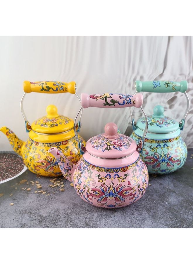 Thickened Large Capacity Enamel Flower Enamel Kettle Milk Teapot Flat Bottom Pot Induction Cooker Universal Teapot Cooling Kettle HC-Color:2.5l Red Hook Lotus (with Filter)-Capacity:Default