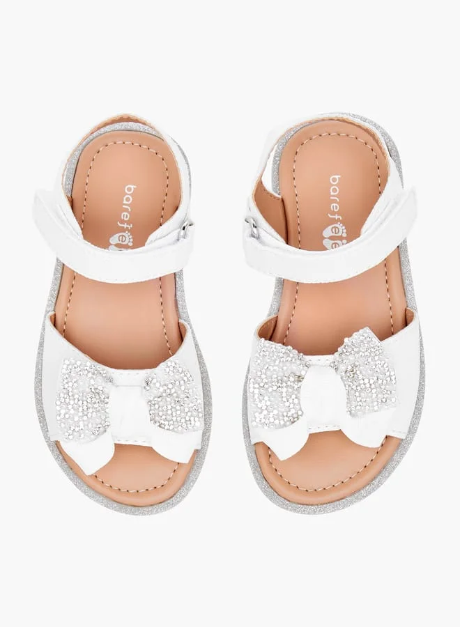 Barefeet Girls Bow Embellished Flat Sandals with Hook and Loop Closure