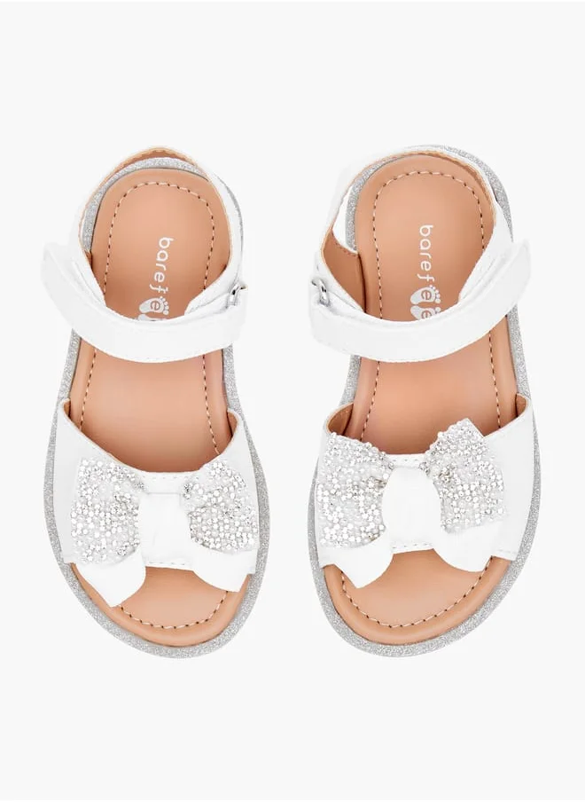 حافي القدمين Girls Bow Embellished Flat Sandals with Hook and Loop Closure