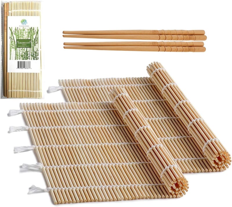 FUNGYAND Bamboo Sushi Rolling Mat with 2 Pairs of Chopsticks Natural Bamboo 9.5"x9.5" 2 Pcs Sushi Making Kit - Image 1