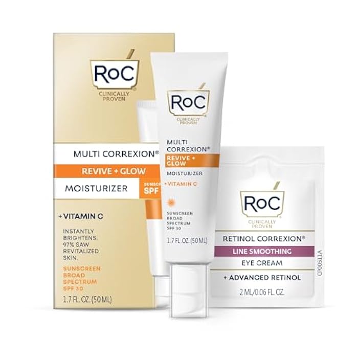 RoC Multi Correxion Revive + Glow Vitamin C Sunscreen Broad Spectrum SPF 30 Face Moisturizer (1.7 oz) with Retinol Eye Cream Packette - Image 1