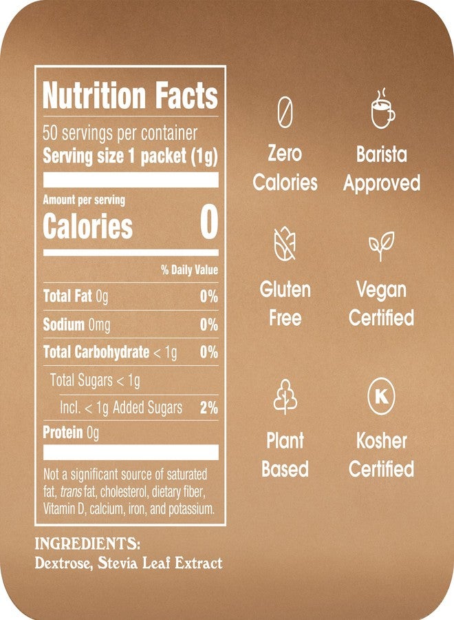 IN THE RAW Stevia In The Raw Stevia Sweetener Packets, 50 Ct, Zero Calorie Stevia Sugar Substitute Packets, No Erythritol or Artificial Flavors, Vegan, Gluten Free, Kosher, Low Glycemic Index - Image 4
