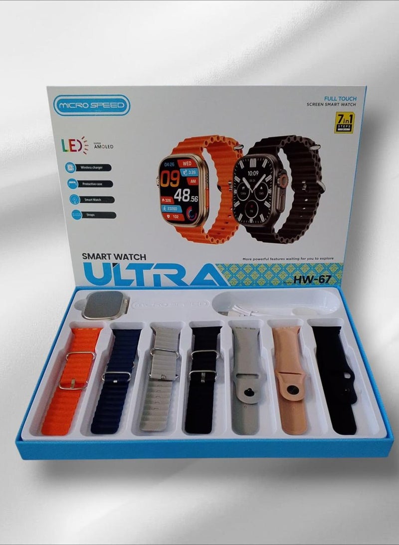 Smart Watch 7+1 Ultra with Finger Sensor for Call Answering, Calorie Counting, and Message Notifications – Supports Arabic Language, Comes with 7 Extra Straps, 49mm, Multi-Color - Image 1
