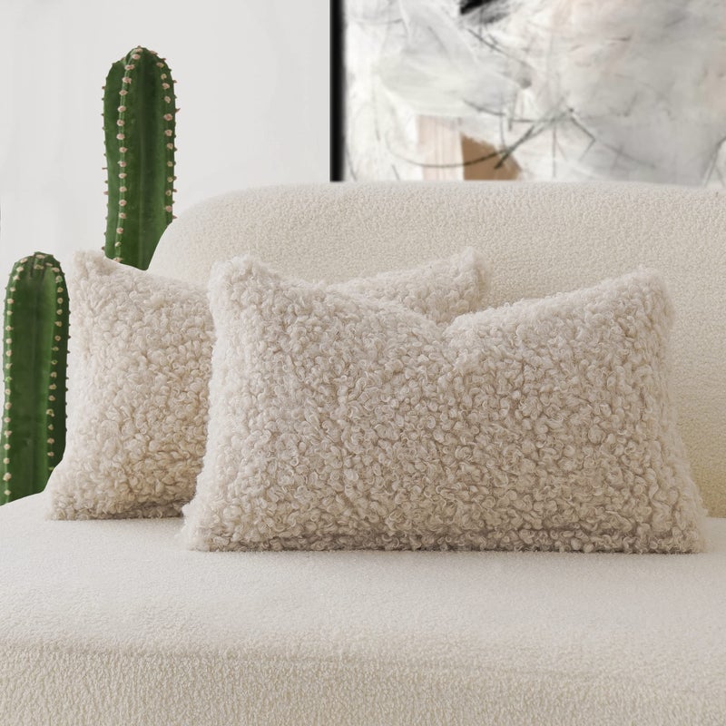 Foindtower Foindtower Set of 2 Curly Teddy Wool Faux Fur Pillow Covers Decorative Boucle Textured Lumbar Throw Pillow Accent Pillowcases Sheepskin Cushion Case for for Chair and Couch 12""x20"" Neutral Cream  - Image 1