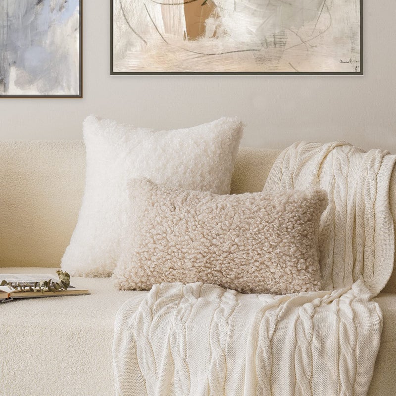 Foindtower Foindtower Set of 2 Curly Teddy Wool Faux Fur Pillow Covers Decorative Boucle Textured Lumbar Throw Pillow Accent Pillowcases Sheepskin Cushion Case for for Chair and Couch 12""x20"" Neutral Cream  - Image 4