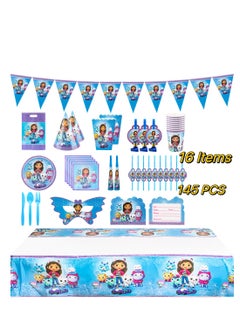 xppier 145 pcs disposable party tableware Gabby's Dollhouse theme, kids birthday party celebration, baby shower party suppliers with plates, spoons, folks, cups, napkins, etc. 16 items  - Image 1