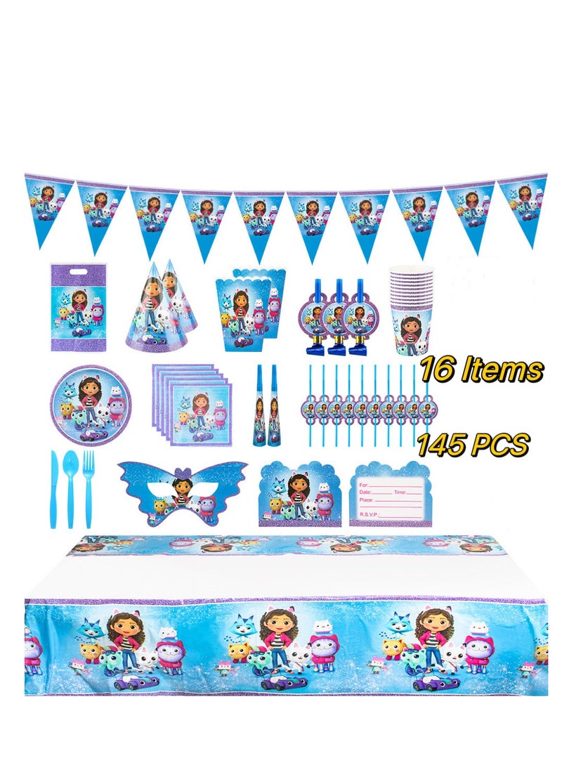 xppier 145 pcs disposable party tableware Gabby's Dollhouse theme, kids birthday party celebration, baby shower party suppliers with plates, spoons, folks, cups, napkins, etc. 16 items  - Image 1