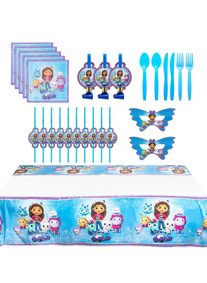 xppier 145 pcs disposable party tableware Gabby's Dollhouse theme, kids birthday party celebration, baby shower party suppliers with plates, spoons, folks, cups, napkins, etc. 16 items  - Image 2
