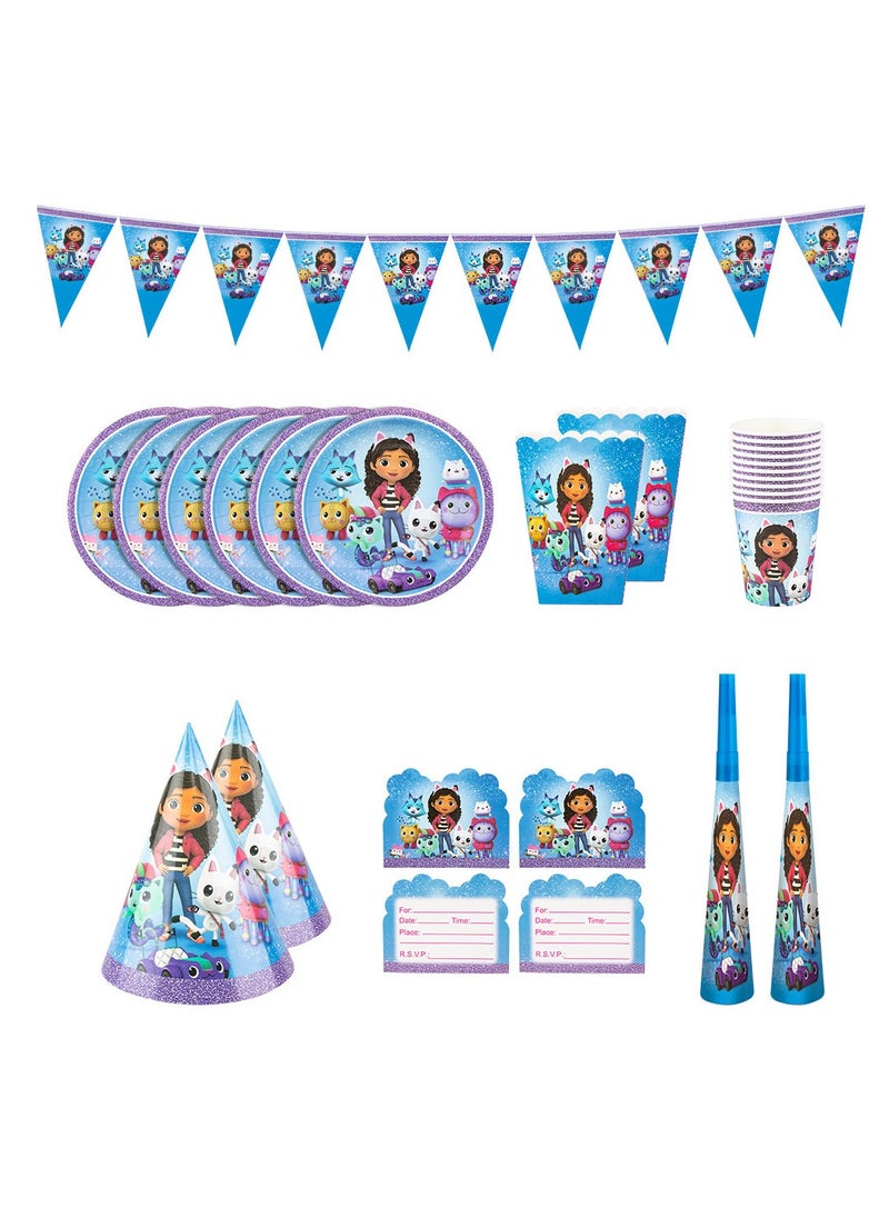 xppier 145 pcs disposable party tableware Gabby's Dollhouse theme, kids birthday party celebration, baby shower party suppliers with plates, spoons, folks, cups, napkins, etc. 16 items  - Image 3