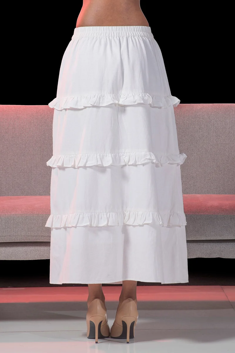 Virgio White Solid Viscose Skirt Midi Length With Ruffle for Women for Women | Best Price UAE