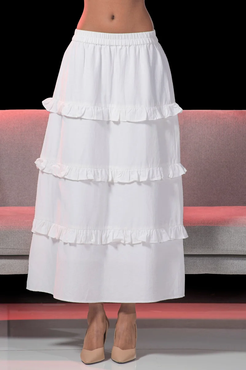 Virgio White Solid Viscose Skirt Midi Length With Ruffle for Women for Women | Best Price UAE
