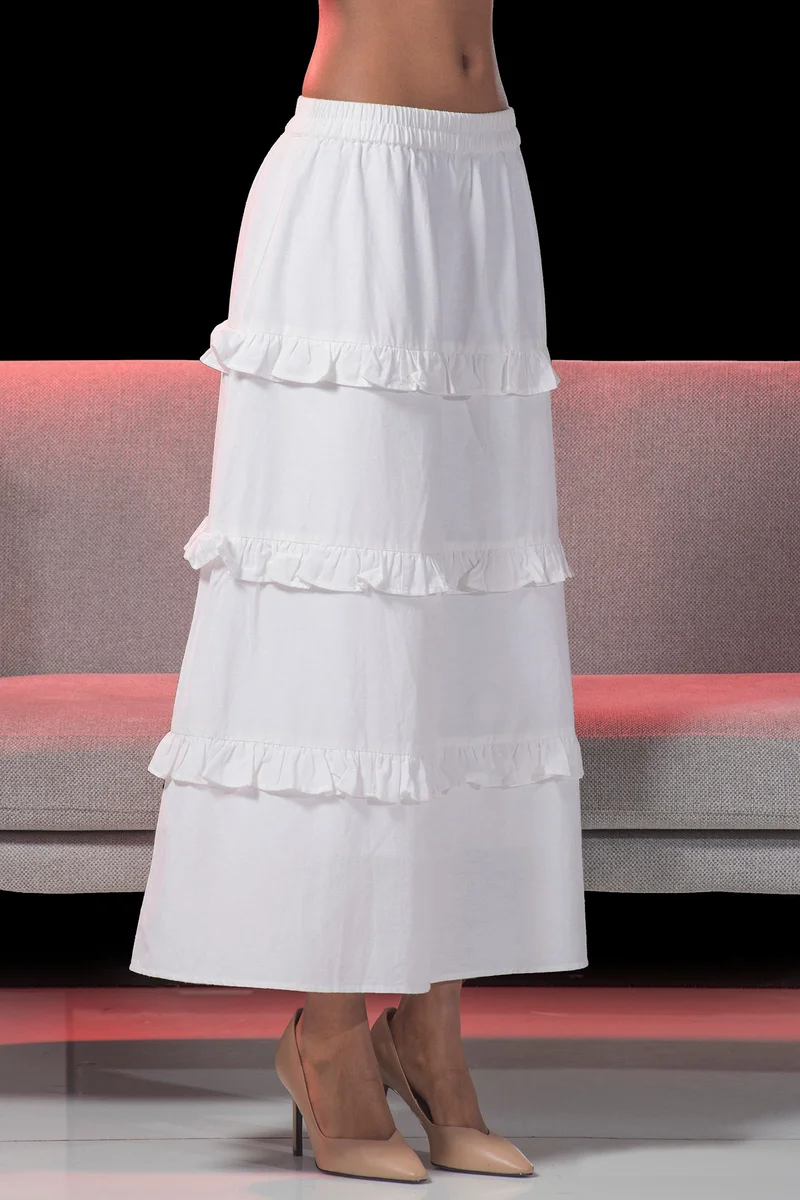 Virgio White Solid Viscose Skirt Midi Length With Ruffle for Women for Women | Best Price UAE