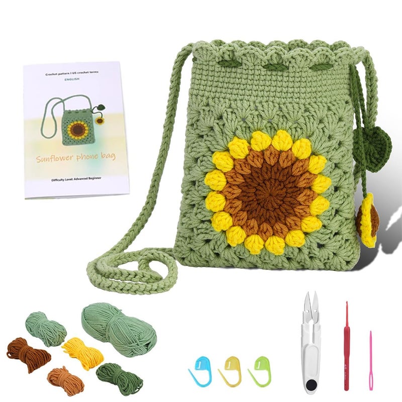 TREXEE TREXEE DIY Crochet Phone Bag Material Kit Beginners Sun Flower Crochet Phone Sling Bag Material Kit with Yarn Crochet Hooks Tools Accessories Tutorial Video DIY Gift Light Green 