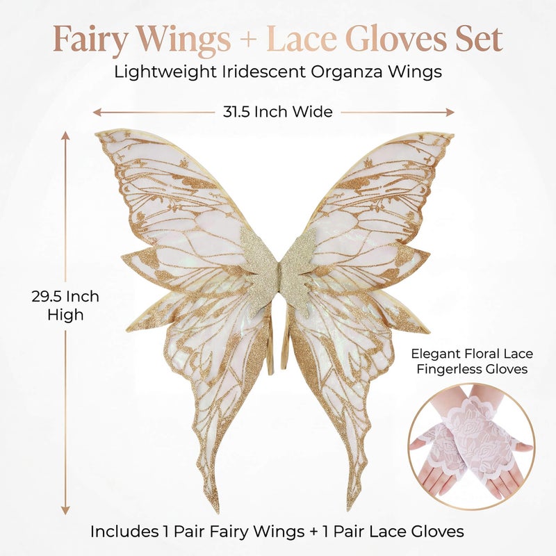 YKW Fairy Wings for Adult Women,31.5x29.5 Inch Butterfly Cosplay Wings with Lace Gloves,Organza Costume Wings for Halloween Party (Gold) - Image 2