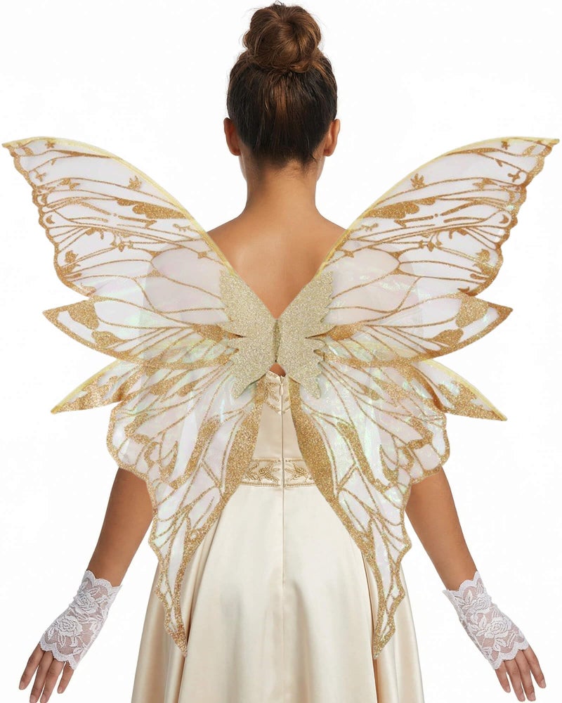 YKW Fairy Wings for Adult Women,31.5x29.5 Inch Butterfly Cosplay Wings with Lace Gloves,Organza Costume Wings for Halloween Party (Gold) - Image 1