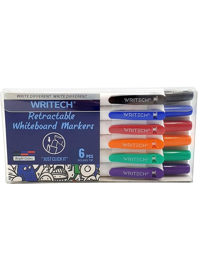 WRITECH Retractable Dry Erase Markers 6Col Fine Tip Assorted Colors Low Odor Multi Colored Set Kid Adult Refillable Clickable Multicolor Thin Point Whiteboard Marker - Image 1