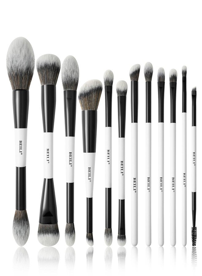 BEILI Makeup Brushes 12 Pieces 18 In 12 Double-Sided Contour Foundation Highlight Blush Brush Eyeshadow Eyeliner Concealer Brush Black and White Suitable for Travel, Gifts, Makeup Lovers - Image 1