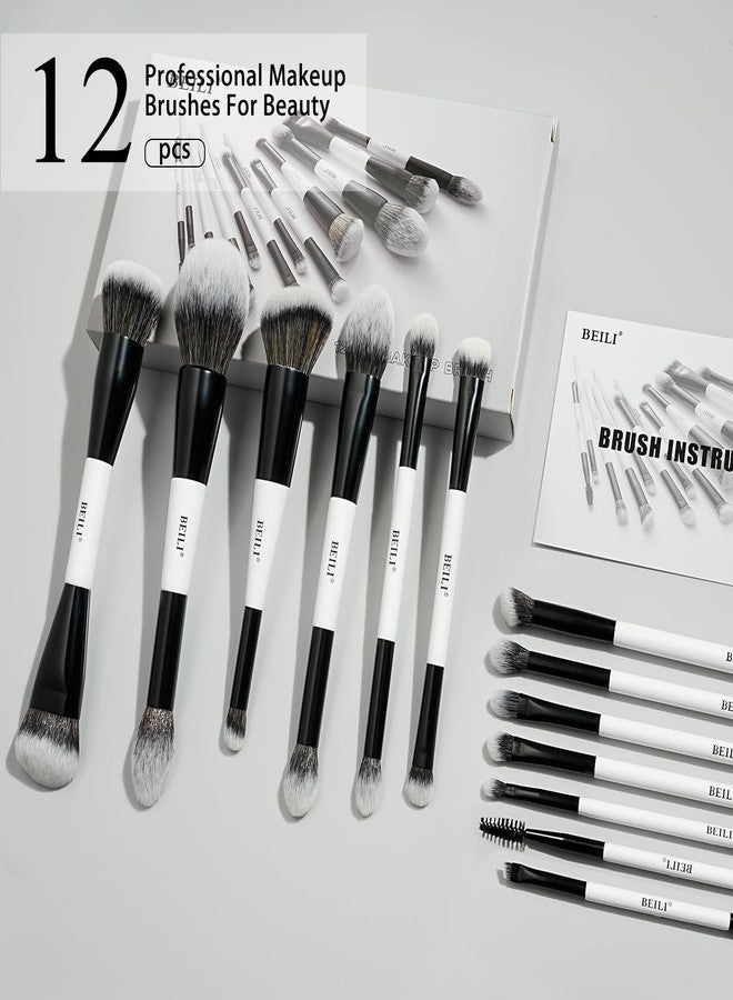 BEILI Makeup Brushes 12 Pieces 18 In 12 Double-Sided Contour Foundation Highlight Blush Brush Eyeshadow Eyeliner Concealer Brush Black and White Suitable for Travel, Gifts, Makeup Lovers - Image 2