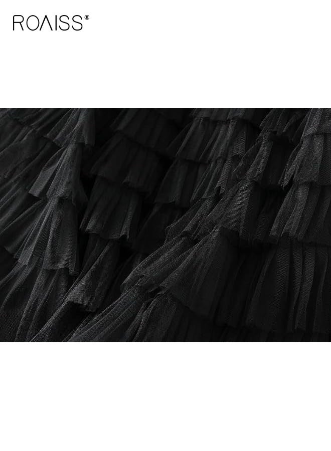 رويس تنورة ماكسي طويلة من التول للنساء، تنورة على شكل حرف A، تنورة مرنة عالية الخصر، تنورة متعددة الطبقات، تنورة داخلية، تنورة طويلة للشاطئ غير رسمية باللون الأسود للسيدات، تنورة للحفلات - Image 5