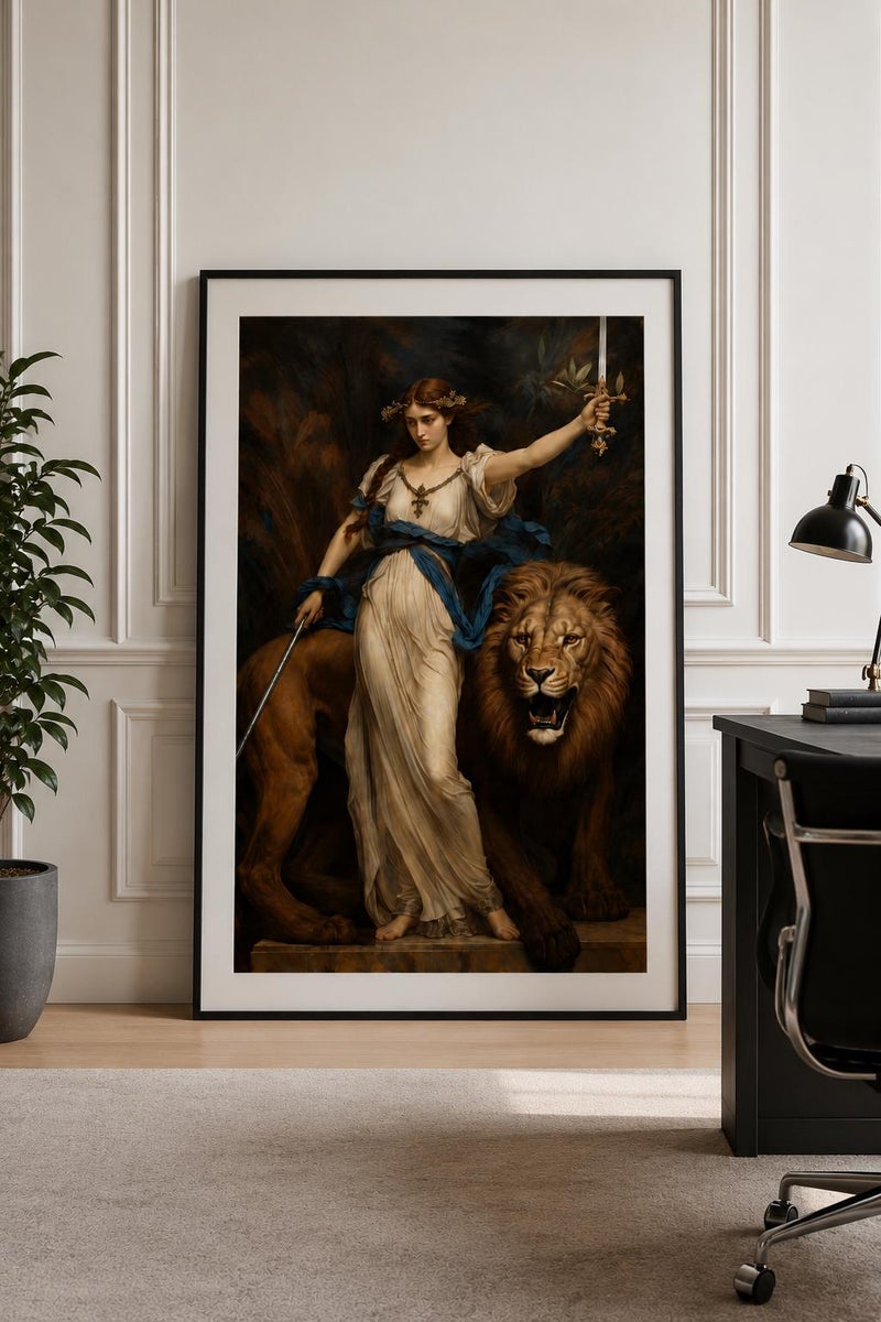TNESSENTIAL Classical Woman Lion Framed Canvas, Renaissance Style Wall Art, Museum Print - Image 2