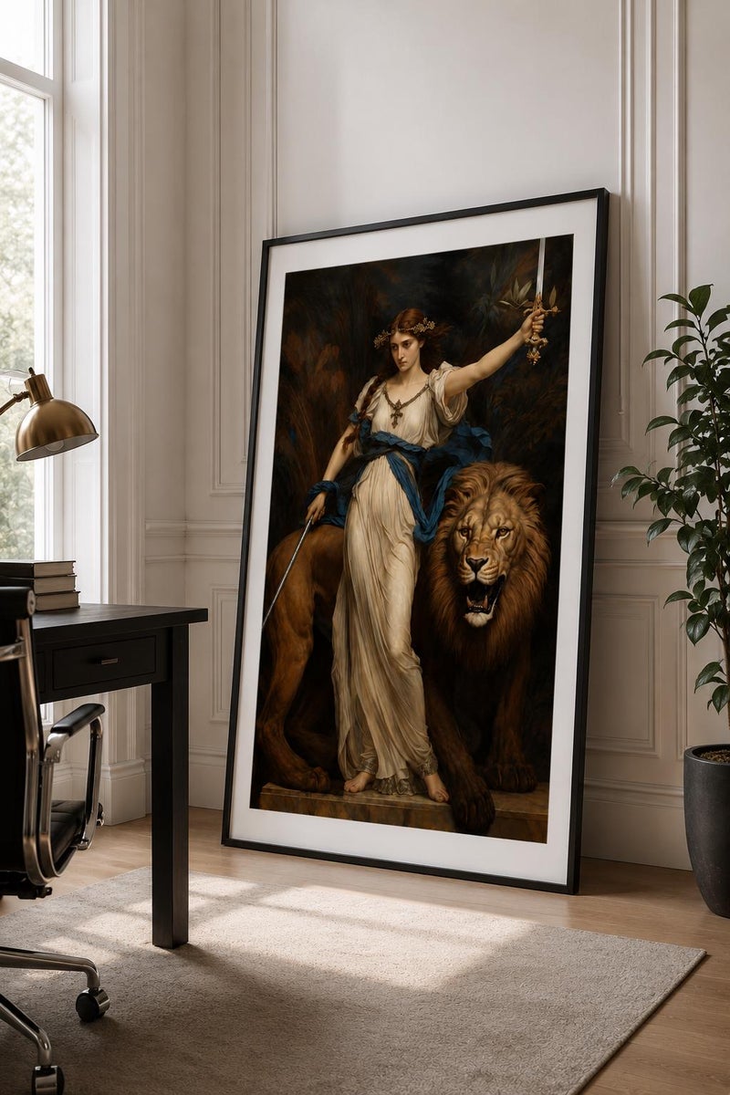 TNESSENTIAL Classical Woman Lion Framed Canvas, Renaissance Style Wall Art, Museum Print - Image 3