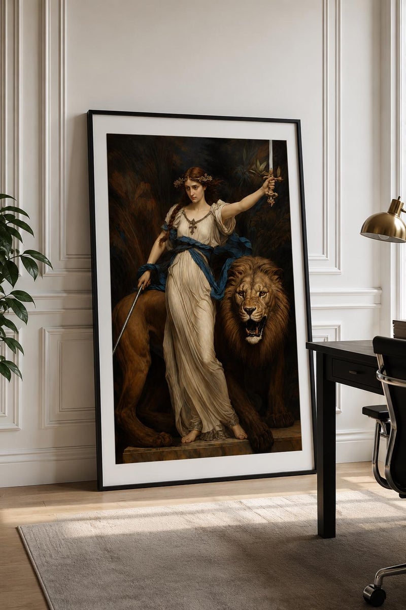 TNESSENTIAL Classical Woman Lion Framed Canvas, Renaissance Style Wall Art, Museum Print - Image 1