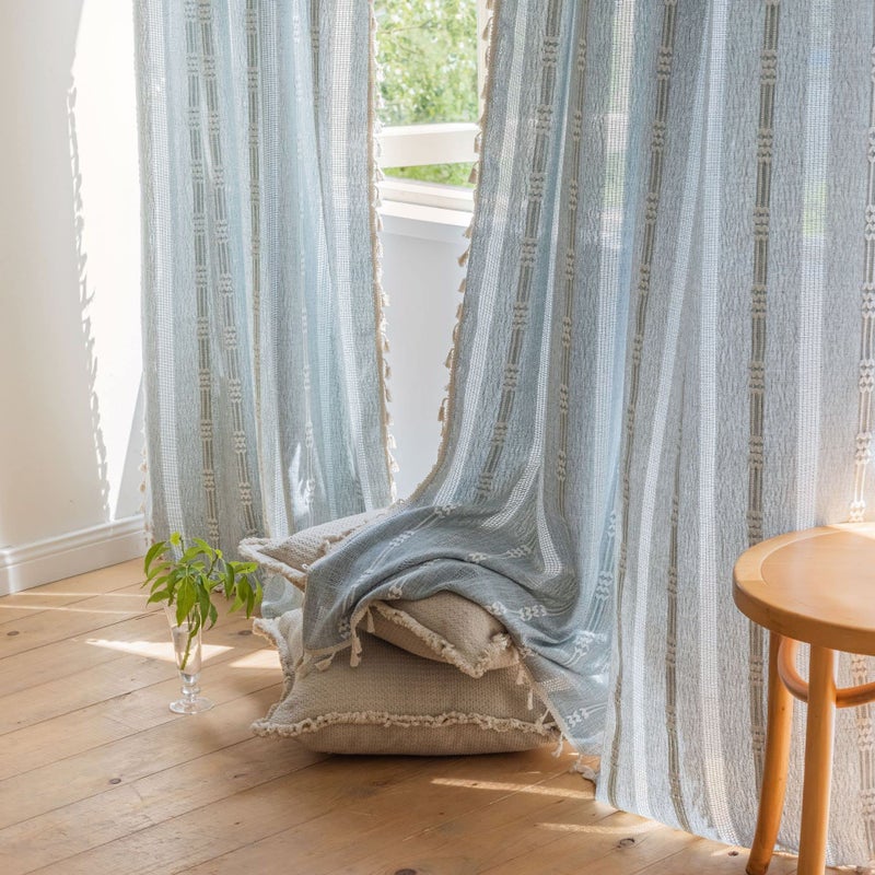 BCLBUSTE Boho Embroidery Striped Farmhouse Curtains - 84 Inch Long, 2 Panel Set, Blue Linen, Tassel, Semi-Blackout for Bedroom & Living Room (52" W x 84" L) - Image 2