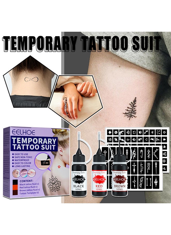 EELHOE Temporary Tattoo Suit - With 84 Pieces Self-Adhesive Tattoo Template Set - Temporary Tattoo Ink 3 Bottles - 3 Colors For Art Drawing Women Men Kids DIY Art Painting  - Image 1