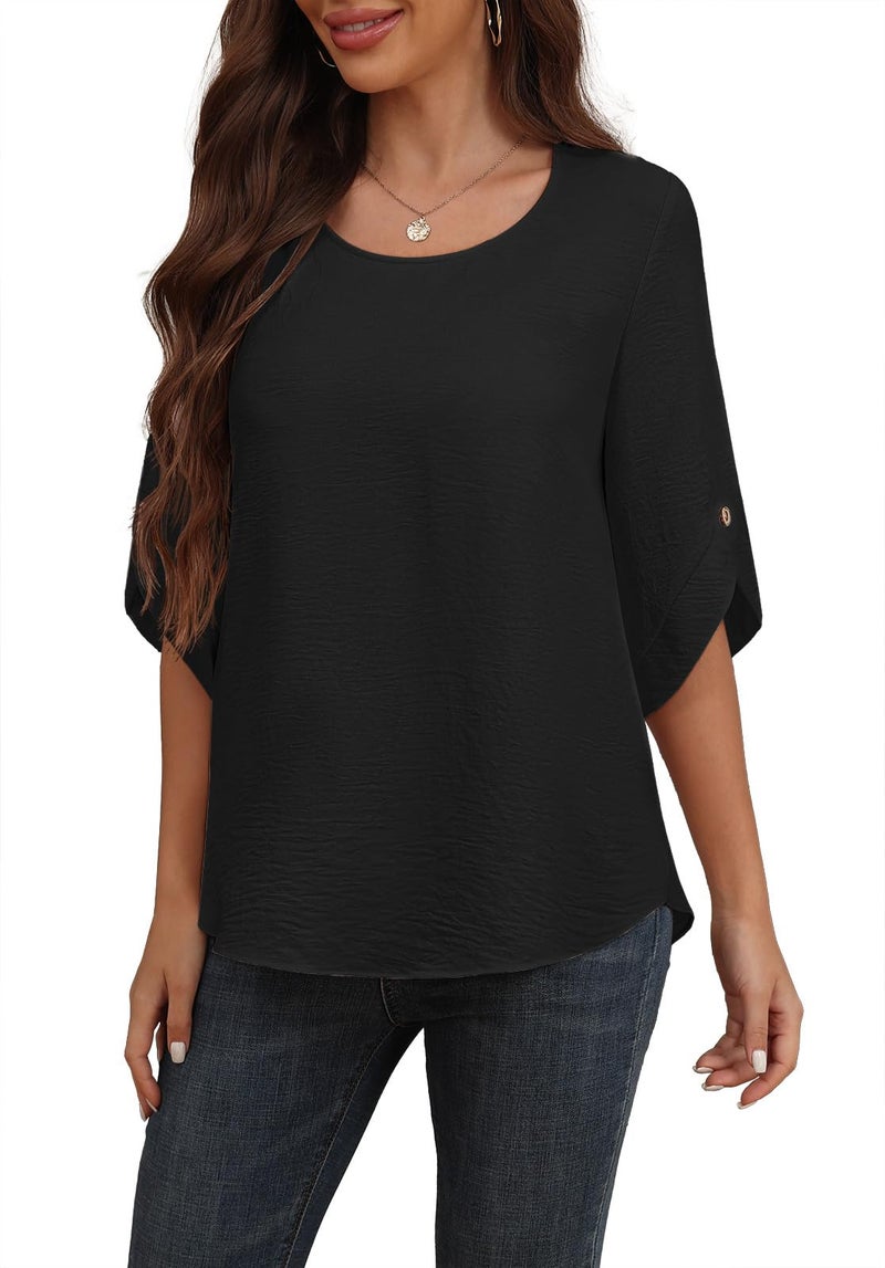 Askyes Womens Chiffon Blouses Summer Spring Casual Crew Neck Cute Tunic Tops for Leggings Chiffon Blouses for Women,Black,M - Image 3