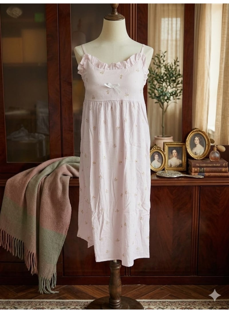 Vintage Ruffle Cotton Maxi Nightgown Free Size– Pastel Pink Floral Print Long Loungewear Dress - Image 1