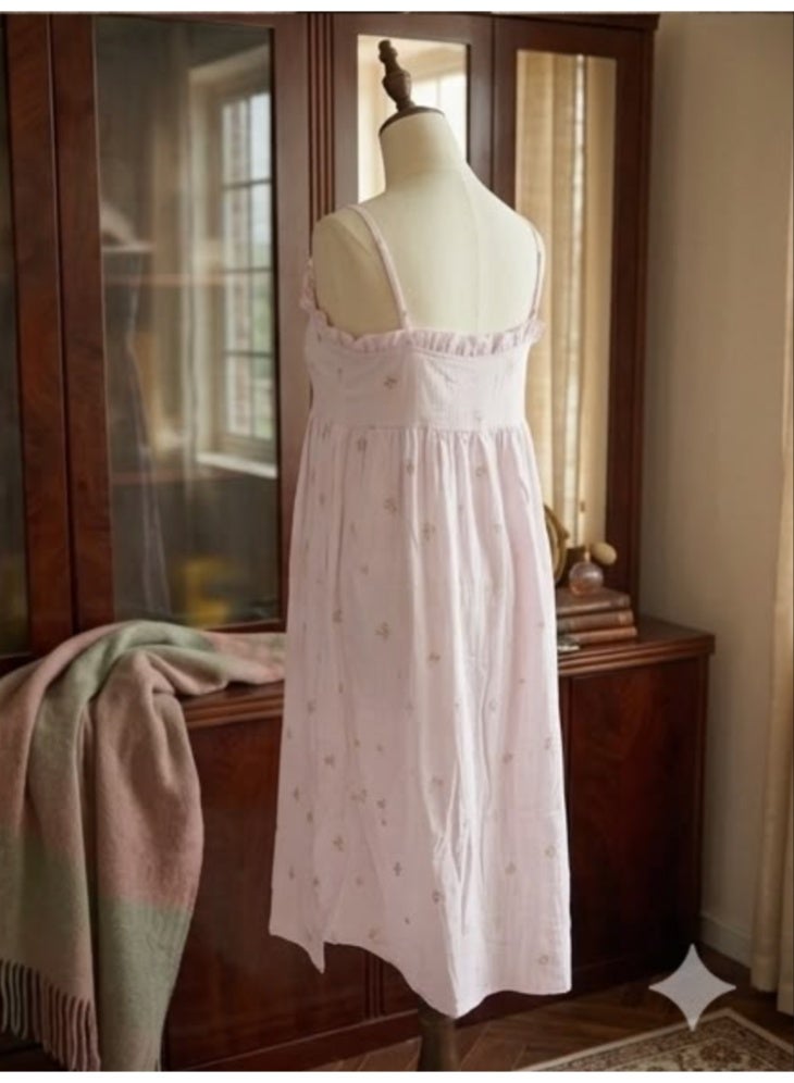 Vintage Ruffle Cotton Maxi Nightgown Free Size– Pastel Pink Floral Print Long Loungewear Dress - Image 3