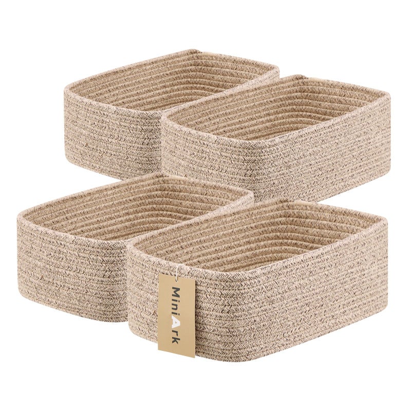 MiniArk Small Storage Baskets for Organizing | Closet Organizer Bins | Shelf Toy Basket | Woven Rope Baskets | Cube Decorative Box | Shallow Basket | 11.5x7.5x4.7â€ | 4 Packs Mixed Brown - Image 1