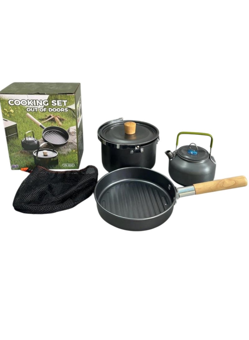 3pcs Lightweight Aluminum Camping Cookware Set With Kettle Pot and Pan with Mesh Carrying Bag - Image 1
