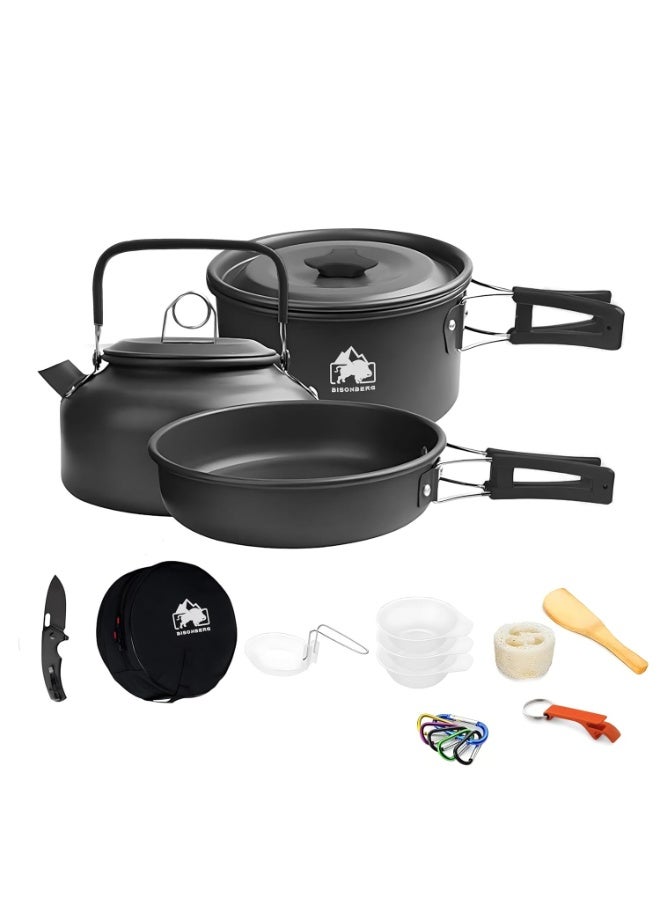 3pcs Lightweight Aluminum Camping Cookware Set With Kettle Pot and Pan with Mesh Carrying Bag - Image 2
