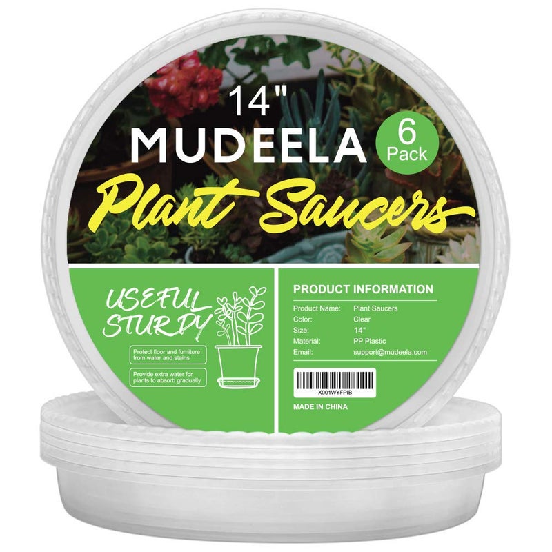 MUDEELA 6 Pack of 14 Inches Plant Saucers for Indoor Durable Plastic Round Plant Tray Plant Dish Pant Plate to Catch Water for Flower and Plant Pot Thicker Stronger Deeper Clear