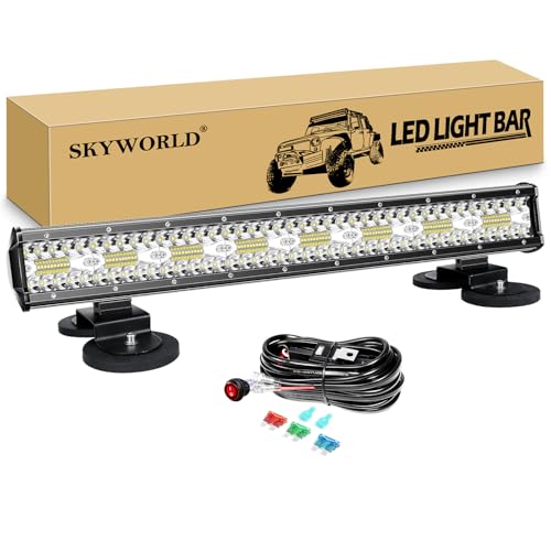 SKYWORLD 23 inch 480W 8D Driving LED Light Bar with 12V Wiring Harness Cable Kit, 2pcs Strong Magnetic Bracket Mount Holder for Car Off road Truck SUV ATV 4x4, Fog Lights 6000K White - Image 1