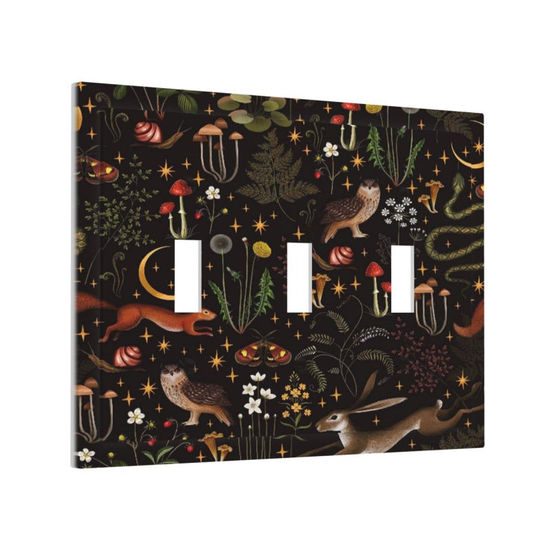 Retro Mushroom Owl Snails Animals 3 Gang Light Switch Plate Decorative Vintage Black Background Triple Toggle Wall Plate Cover Electrical Faceplate for Bathroom Home Living Bedroom Art Panel Decor