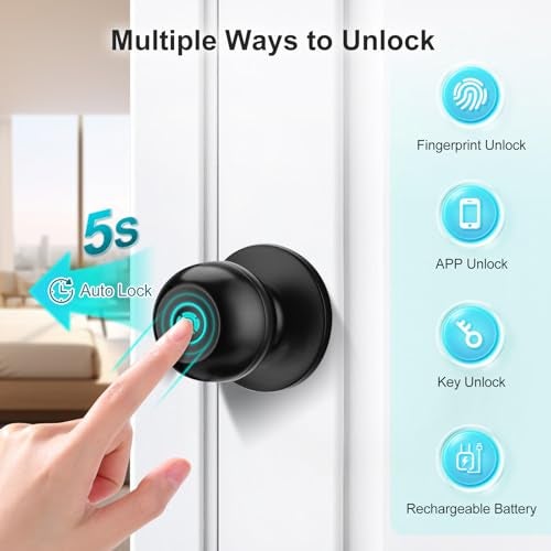 JOKO JO.KO 2 Pack Fingerprint Door Lock, Biometric with App Control & Key, Smart Door Knob for Bedroom, Entry Door, Keyless Finger Print Door Knob with Thumb Print Black, Different Keys - Image 4