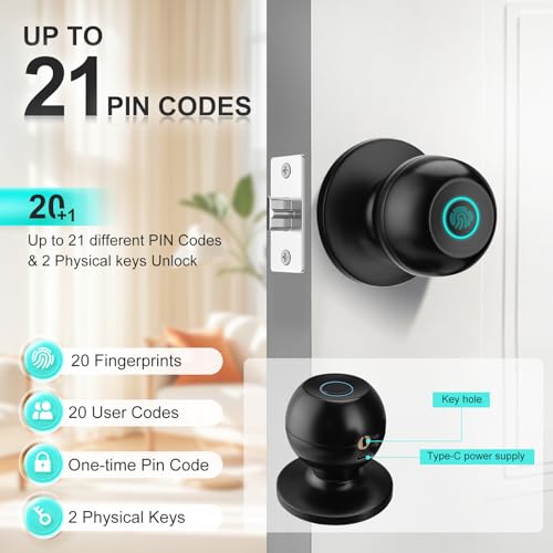 JOKO JO.KO 2 Pack Fingerprint Door Lock, Biometric with App Control & Key, Smart Door Knob for Bedroom, Entry Door, Keyless Finger Print Door Knob with Thumb Print Black, Different Keys - Image 3